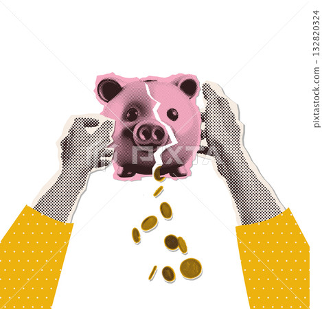 Halftone Collage - hands shaking broken piggy bank. Minimalist finance-themed money crisis metaphor concept Idea for banner with falling coins. Cutouts magazine. Vector illustration 132820324
