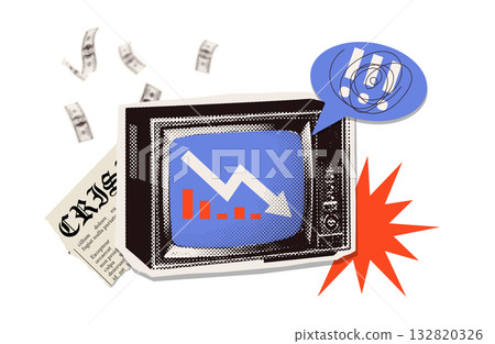 Television news show release about economic crisis statistics information. Breaking news on TV with descending graph, crisis in economy. Halftone paper mixed media collage vector isolated illustration Television news show release about economic crisis statistics information. Breaking news on TV with descending graph, crisis in economy. Halftone paper mixed media collage vector isolated illustration 132820326