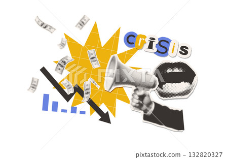 Halftone Collage - open mouth shouts into megaphone about beginning of economic crisis. Charts with extreme price drop. Financial and economic crisis, inflation. Declines in the stock market. Vector Halftone Collage - open mouth shouts into megaphone about beginning of economic crisis. Charts with extreme price drop. Financial and economic crisis, inflation. Declines in the stock market. Vector 132820327