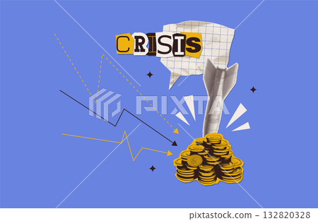Halftone collage - financial rocket crash on the coin stack. Bitcoin price collapse, currency volatility and fall down causing investor huge loss concept, big inflation. Vector. Creative metaphor. 132820328