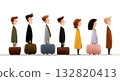 Group of diverse characters standing in a line, each holding a suitcase, showcasing various styles and expressions, representing travel and adventure in a playful illustration 132820413