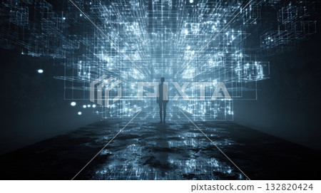 Silhouette In Neon Digital Grid Tunnel Futuristic Data Space And Technology Concept 132820424