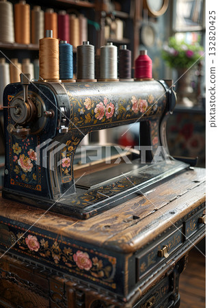 Classic retro style manual sewing machine ready for sewing work. The machine is old style made of metal with floral patterns Classic retro style manual sewing machine ready for sewing work. The machine is old style made of metal with floral patterns 132820425
