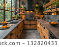 Beautiful natural wooden table with kitchen background 132820433