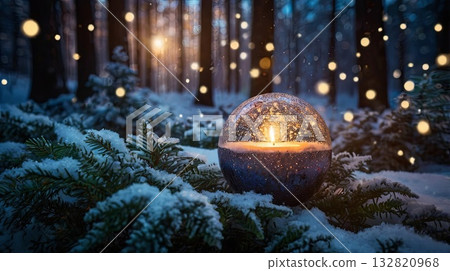 A magical winter forest at night, illuminated by golden lights, surrounded by a sparkling Christmas tree. A banner for holiday, nature, and fantasy themes. 132820968