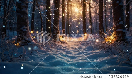 A magical winter forest at night, illuminated by golden lights, surrounded by a sparkling Christmas tree. A banner for holiday, nature, and fantasy themes. A magical winter forest at night, illuminated by golden lights, surrounded by a sparkling Christmas tree. A banner for holiday, nature, and fantasy themes. 132820969