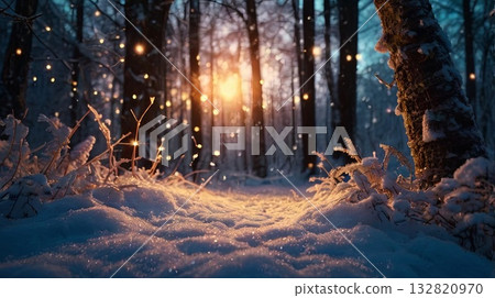 A magical winter forest at night, illuminated by golden lights, surrounded by a sparkling Christmas tree. A banner for holiday, nature, and fantasy themes. A magical winter forest at night, illuminated by golden lights, surrounded by a sparkling Christmas tree. A banner for holiday, nature, and fantasy themes. 132820970