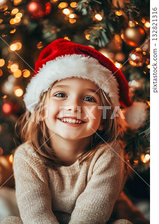 A girl wearing a red Christmas hat. She is smiling and standing next to a decorated Christmas tree. 132821316