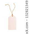 Blank white rectangular tag with natural jute twine string. Providing copy space for design, text, or isolated information transparent price background 132821349