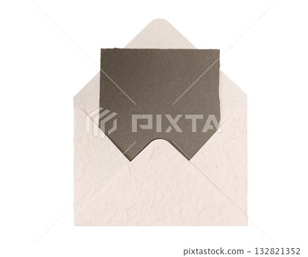 Brown craft envelope mockup presenting blank textured paper card for message, background isolated transparent personalized 132821352
