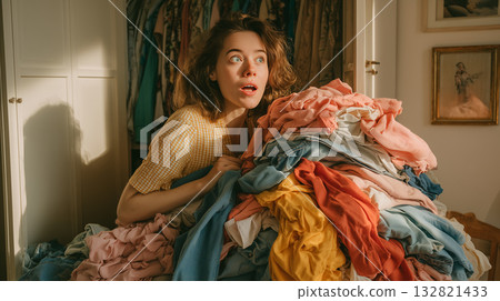 Surprised woman holding large pile of colorful clothes in bright room Surprised woman holding large pile of colorful clothes in bright room 132821433