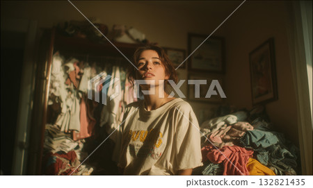 Young woman sitting in messy room full of clothes in warm sunlight 132821435