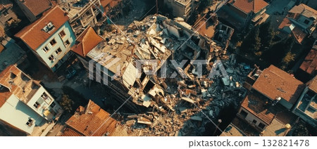 Aerial view of collapsed urban building with surrounding residential area and debris 132821478