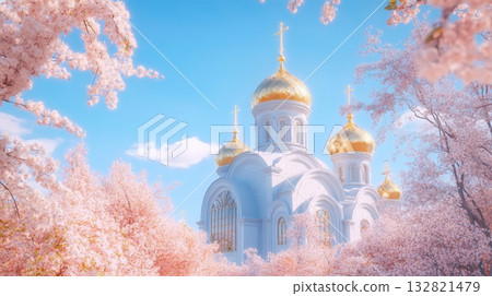 Peaceful Orthodox temple with gold domes and pastel pink cherry blossoms Peaceful Orthodox temple with gold domes and pastel pink cherry blossoms 132821479