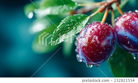 Macro shot of red plums covered in glistening dew against a vibrant magenta background 132821554