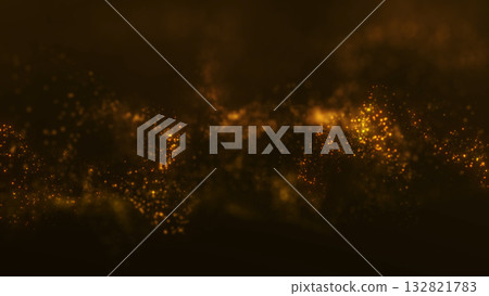 Warm glowing golden particles forming a floating fluid motion cloud with soft depth and elegant bokeh sparkles on a dark background. 132821783