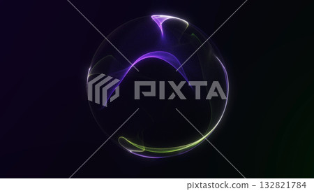 Abstract glowing sphere with smooth purple and green fractal waves on a dark background, creating a soft futuristic aesthetic with fluid motion and neon depth. 132821784