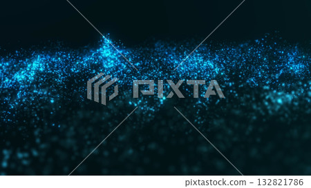 Dynamic turquoise particle waves forming a glowing fluid landscape with shimmering depth and smooth motion on a dark background. 132821786