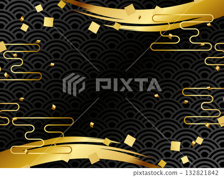 A luxurious Japanese pattern background of Seigaiha and Ekasumi in black and gold 132821842