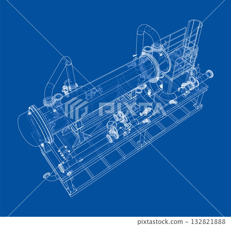 Industrial Machine Blueprint on Blue Background Industrial Machine Blueprint on Blue Background 132821888