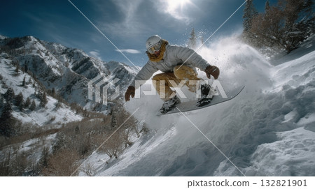 a snowboarder mid-air 132821901