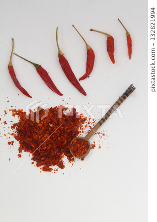red dried crushed hot chili peppers and chili flakes or powder isolated on white background 132821994