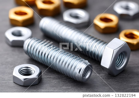 Two silver screws lying on gray surface with silver and gold nuts Two silver screws lying on gray surface with silver and gold nuts 132822194