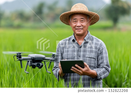 Smart farming, asian farmer using digital tablet and flying drone in rice field 132822208