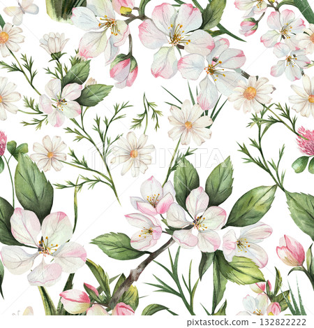 Watercolor seamless pattern with white and pink flowers, daisy, green leaves and delicate spring branches. Hand drawn floral white background isolated on white, perfect for fabric and design. Watercolor seamless pattern with white and pink flowers, daisy, green leaves and delicate spring branches. Hand drawn floral white background isolated on white, perfect for fabric and design. 132822222