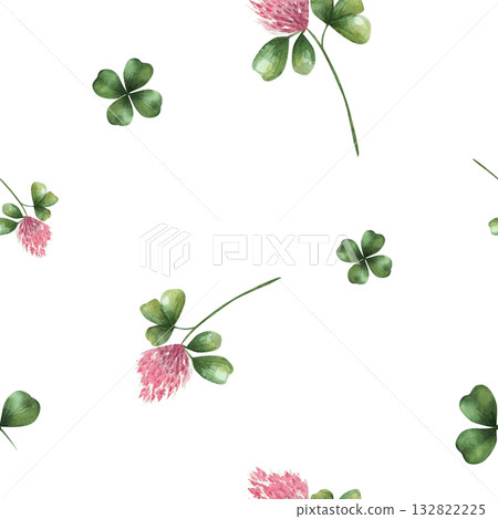 Seamless clover pattern with green leaves. Watercolor pattern, hand drawn, on white background. Botanical illustration of field herbs and flowers. Meadow plants. For decor, wedding, cards, printing. Seamless clover pattern with green leaves. Watercolor pattern, hand drawn, on white background. Botanical illustration of field herbs and flowers. Meadow plants. For decor, wedding, cards, printing. 132822225