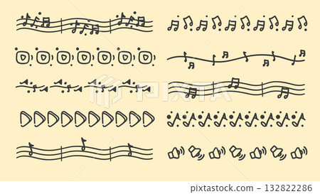 Music Notes Audio Divider Set Drawing Text Separator Decoration Element. Vector Illustration 132822286
