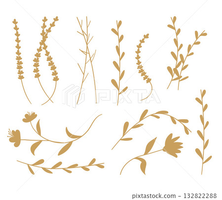 Set of minimalist golden plant branches and flowers on a white background 132822288