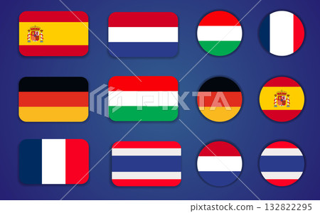 Flags Icon European of Hungary, France, Germany, Spain, Netherlands, Thailand.Vector Illustration 132822295