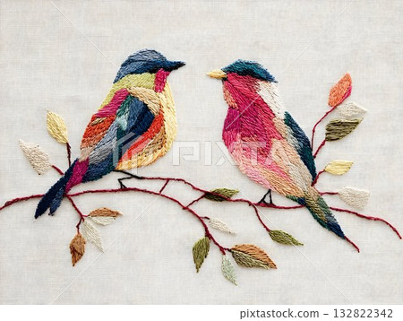 Colorful embroidered birds gliding across vivid floral backdrop, featuring intricate needlework capturing tropical avian elegance Colorful embroidered birds gliding across vivid floral backdrop, featuring intricate needlework capturing tropical avian elegance 132822342