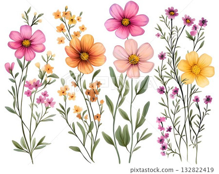 Set field and meadow and garden flowers and plants bunches in vertical arrangement, showcasing rustic botanical palette with textural variety, natural beauty and texture for artistic compositions 132822419