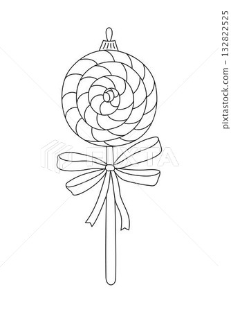 Christmas tree bauble in form of lollipop candy with bow festive decor doodle outline hand drawn vector illustration for winter holidays seasonal greeting card, invitation, sticker, line art clipart Christmas tree bauble in form of lollipop candy with bow festive decor doodle outline hand drawn vector illustration for winter holidays seasonal greeting card, invitation, sticker, line art clipart 132822525