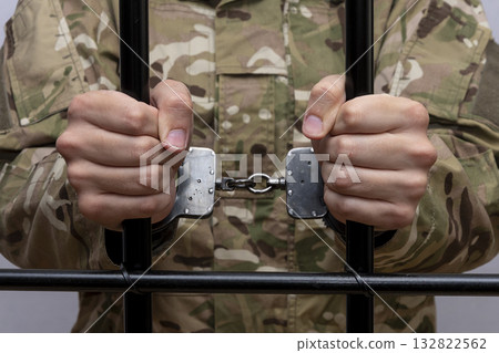 Soldier in military camouflage, hands slipped through bars, black background. Concept: trial of soldier, desertion in army, prisoner of war. Soldier in military camouflage, hands slipped through bars, black background. Concept: trial of soldier, desertion in army, prisoner of war. 132822562
