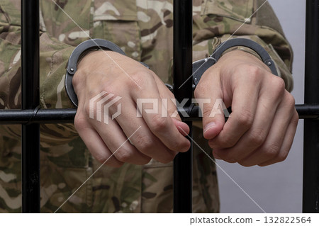 Soldier in military camouflage, hands slipped through bars, black background. Concept: trial of soldier, desertion in army, prisoner of war. Soldier in military camouflage, hands slipped through bars, black background. Concept: trial of soldier, desertion in army, prisoner of war. 132822564