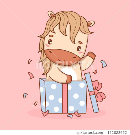 Cute Little Horse in Gift Box. Funny Holiday Pony kawaii animal. Vector illustration. Symbol 2026 year to Eastern calendar. Not AI 132822652
