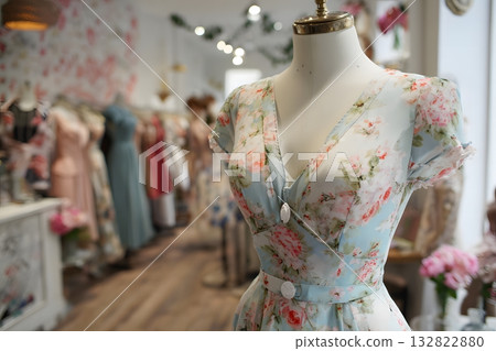 Pastel Floral Dress on Mannequin in Vintage Boutique for Fashion Editorial and Commercial Use Pastel Floral Dress on Mannequin in Vintage Boutique for Fashion Editorial and Commercial Use 132822880