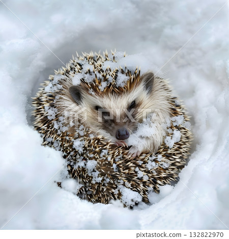 Close-Up of Hedgehog Nestled in Snowy Landscape Highlighting Seasonal Stillness and Natural Form 132822970