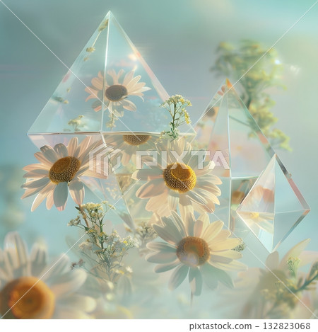 White Petals Blooming Within Suspended Transparent Forms in Abstract Floral Harmony 132823068