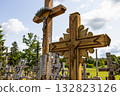 Wooden crosses in a rural Christian cemetery, spiritual heritage and pilgrimage site 132823126