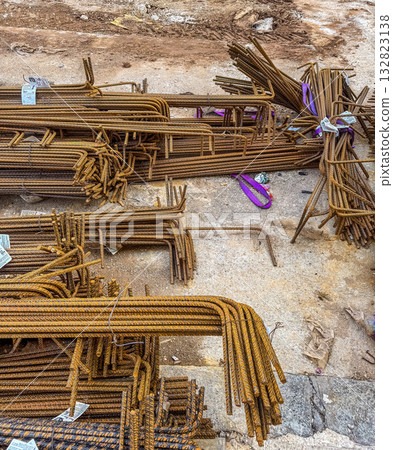 Steel Reinforcement Bars at Construction Site Rebar Material for Building Structures Steel Reinforcement Bars at Construction Site Rebar Material for Building Structures 132823138