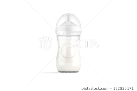 Blank white plastic baby bottle with milk mockup, transparent background, png, front view, 3d rendering. Empty nursing nipple for child nutrition mock up, cut out. 132823171
