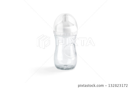 Blank transparent glass baby bottle mockup, transparent background, png, side view, 3d rendering. Empty anti-colic nursing nipple for newborn mock up, cut out. Blank transparent glass baby bottle mockup, transparent background, png, side view, 3d rendering. Empty anti-colic nursing nipple for newborn mock up, cut out. 132823172