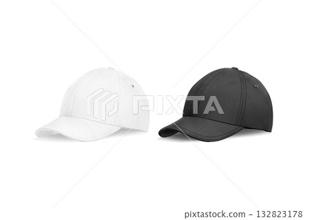 Blank black and white baseball cap mockup, transparent background, png, half-turned view, 3d rendering. Empty textile or flannel head accessory mock up, cut out. Blank black and white baseball cap mockup, transparent background, png, half-turned view, 3d rendering. Empty textile or flannel head accessory mock up, cut out. 132823178