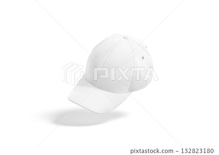 Blank white baseball cap mock up, transparent background, png, no gravity, 3d rendering. Empty fabric or jeans head cover for sporty outfit mockup, cut out. 132823180