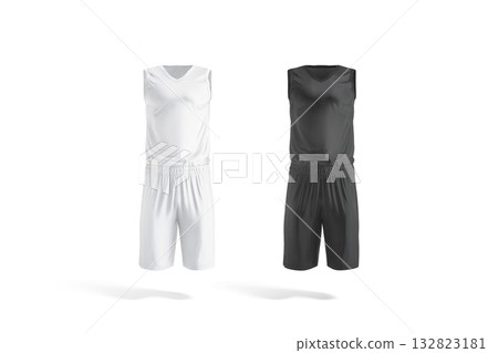 Blank black and white basketball uniform mockup, transparent background, png, front view, 3d rendering. Empty sporty jersey clothing for dribbling mock up, cut out. Blank black and white basketball uniform mockup, transparent background, png, front view, 3d rendering. Empty sporty jersey clothing for dribbling mock up, cut out. 132823181