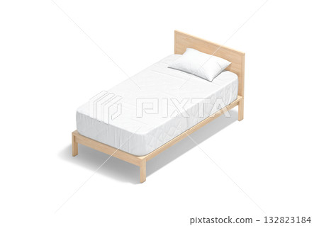 Blank wooden single bed with white bedding mockup, transparent background, png, 3d rendering. Empty small singlebed with pillow and mattress mock up, cut out. Blank wooden single bed with white bedding mockup, transparent background, png, 3d rendering. Empty small singlebed with pillow and mattress mock up, cut out. 132823184